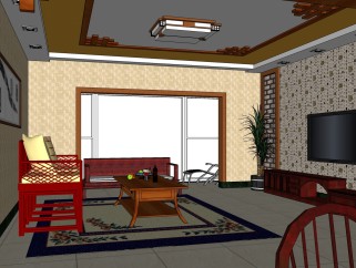 中式客厅su模型，客厅skb文件下载