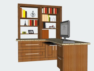 办公室里电脑桌搭书柜的SKP模型，办公电脑桌sketchup模型下载
