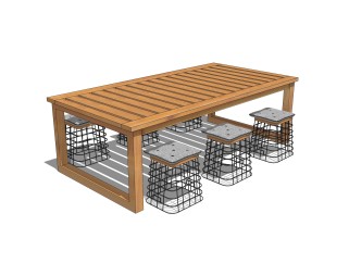 现代实木餐桌椅su模型，长餐桌简易桌子草图大师模型下载