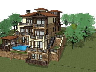 欧式风格别墅设计草图大师模型，别墅泳池sketchup模型下载