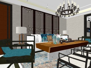 新中式客餐厅免费su模型，客厅草图大师模型下载
