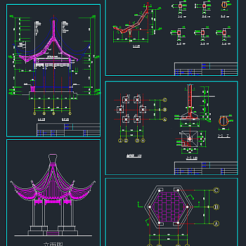 全新六角亭CAD施工图，六角亭CAD建筑图纸下载