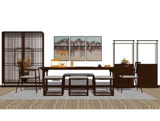 新中式茶室sketchup模型，茶室草图大师模型下载