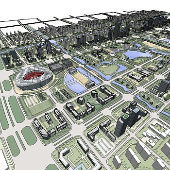 现代城市全景免费su模型下载、城市全景规划草图大师模型下载