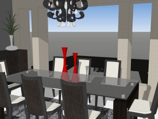 中式餐厅，桌椅摆放免费su、草图大师模型下载.