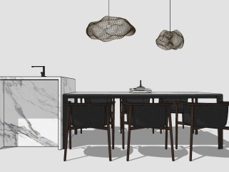 新中式餐桌椅组合su模型，餐桌sketchup模型下载