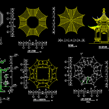 中式古建亭廊cad施工图，观景亭cad景观亭下载