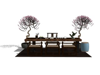 中式桌椅组合su模型，桌椅组合草图大师模型下载