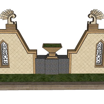 中式景观墙sketchup模型下载，景观墙草图大师模型