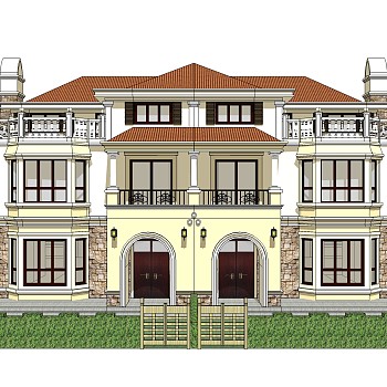 欧式联排别墅su模型，别墅sketchup模型下载