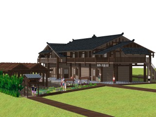 中式文化建筑外观草图大师模型，文化建筑外观sketchup模型免费下载