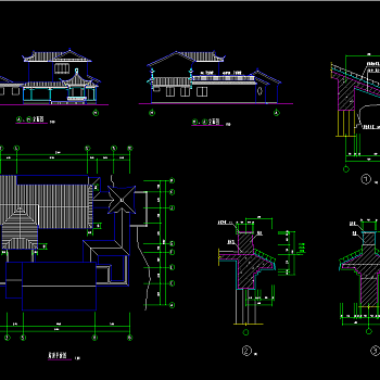 三套古建别墅建筑图，别墅CAD建筑图纸下载