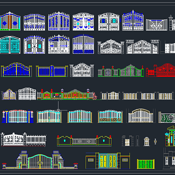 别墅门亭铁艺大门 CAD图集，多样式立面图图纸下载