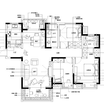 美式雅居三室两厅效果图，户型图，建筑图纸下载