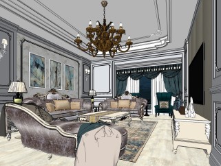 欧式轻奢客厅su模型，客厅沙发茶几灯具组合sketchup模型下载