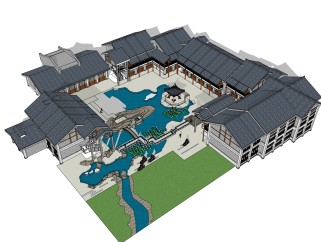 中式古建筑院落草图大师模型，古建民俗sketchup模型免费下载