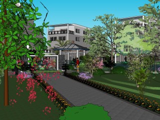 研究中心庭院景观su模型，庭院sketchup模型