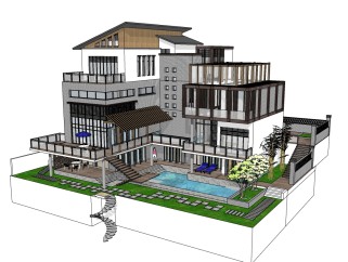 新中式别墅草图大师模型，别墅skp模型下载