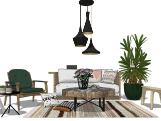 混搭客厅su模型，客厅沙发桌椅茶几灯具组合草图大师模型下载