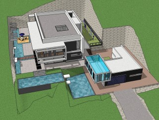 独栋泳池别墅草图大师模型，别墅SU模型下载