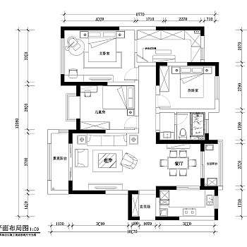 田园轻奏温柔颂三室两厅效果图，户型图，CAD图纸下载