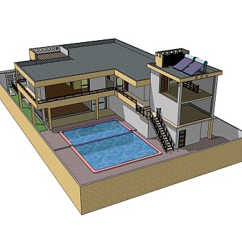 独栋欧式泳池别墅草图大师模型，别墅SU模型下载