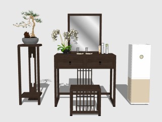 新中式实木梳妆台组合su模型，梳妆台sketchup模型下载