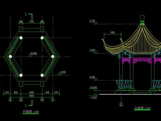 中式六角亭全套CAD施工图，六角亭建筑设计图纸下载