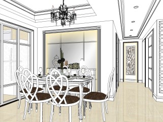现代欧式家装客餐厅SU模型，家装客餐厅sketchup模型下载