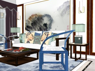 新中式客餐厅免费su模型，客厅sketchup模型下载
