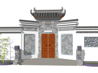 中式庭院入户门草图大师模型，sketchup模型免费下载