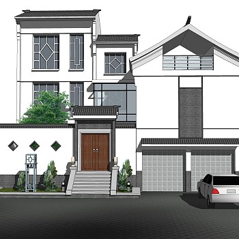 新中式独栋别墅草图大师模型，sketchup别墅su模型下载