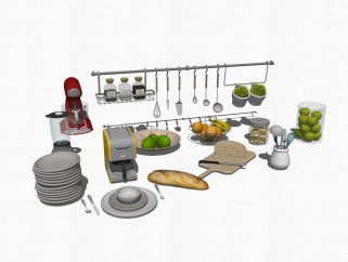 现代厨房电器盘碗菜板储物罐草图大师模型，厨房电器盘碗菜板储物罐sketchup模型下载