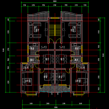 现代两室二厅cad施工图，户型图cad竣工图下载