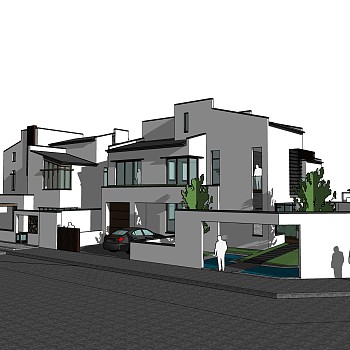 新中式连排别墅su模型下载，sketchup别墅草图大师模型