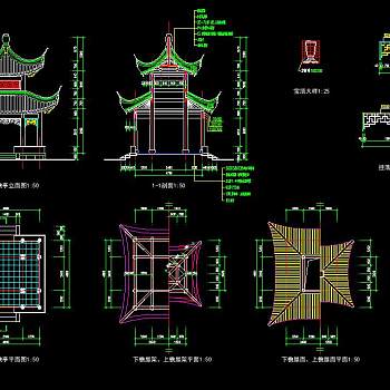 四方重檐亭CAD全套施工图，四方重檐亭CAD图纸下载