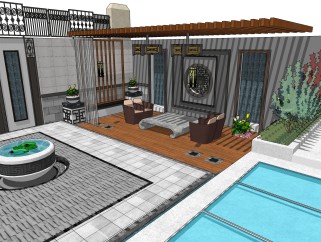 现代庭院设计SU模型，庭院设计SKP模型下载