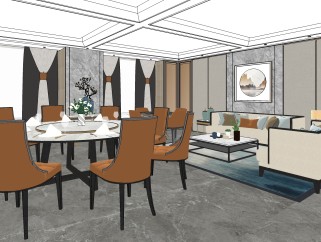 新中式客厅su模型，客厅草图大师下载