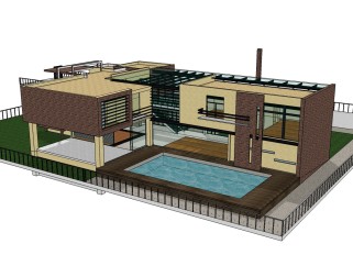 现代泳池别墅草图大师模型，别墅SU模型下载