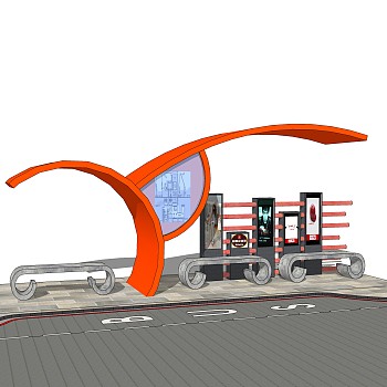 现代公交候车亭免费su模型，公交候车亭草图大师模型下载