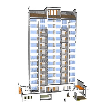 中式住宅楼外观草图大师模型，高层住宅楼su模型下载