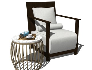 新中式实木单人沙发免费su模型，单人沙发skp模型下载