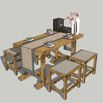 中式洽谈方木桌椅组合su模型，简约洽谈桌sketchup模型下载