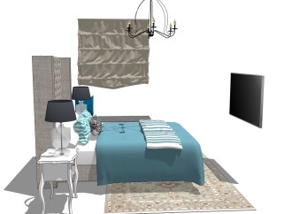 北欧次卧室家具su模型，卧室床具灯具草图大师模型下载