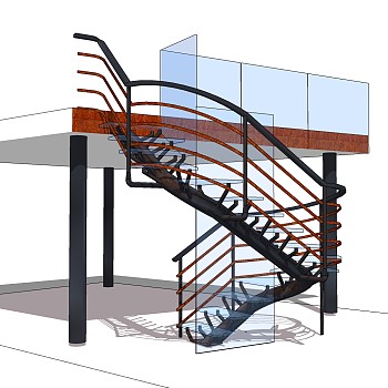 现代钢结构三跑楼梯草图大师模型，钢结构三跑楼梯sketchup模型免费下载