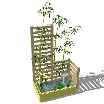 中式竹子水景小品草图大师模型，竹子水景sketchup模型下载