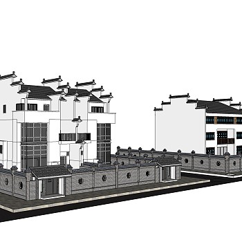 新中式徽派建筑草图大师模型，古建民俗sketchup模型免费下载