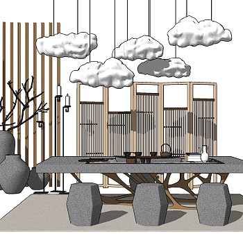 中式茶桌椅组合su模型，简约 茶桌sketchup模型下载