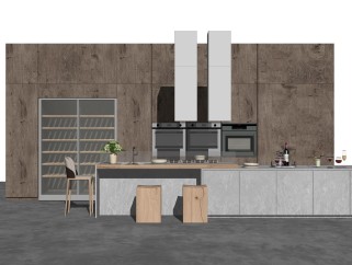 现代厨房橱柜吧台组合su模型，橱柜草图大师模型下载