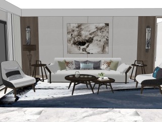 新中式简约客厅卧室su模型，客厅沙发桌椅茶几组合草图大师模型下载